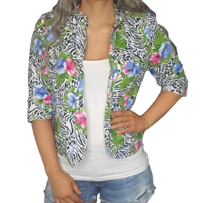 Cárdigan hawaiano vintage para mujer PL grande pequeño 100 % lino estampado de cebra hibisco Foto 1 de 4