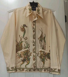 Vtg 70s Lion Brand Button-Up Shirt 16-16.5 Cream Seahorse Fish 100% Java Batik - Picture 1 of 20