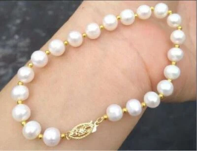 HUGE AAA 8-9MM NATURAL ROUND SOUTH SEA GENUINE WHITE PEARL BRACELET 7.5-8'14Kp - Image 1 of 4