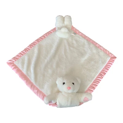 Manta de felpa My Banky Lori Turner Bear Lovey blanca rosa satinada 26" x 27" Lovie Foto 1 de 4
