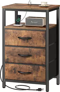 Nightstand with Charging Station, 27.6 Inch Bedside Table with Fabric Drawers, E - Picture 1 of 12