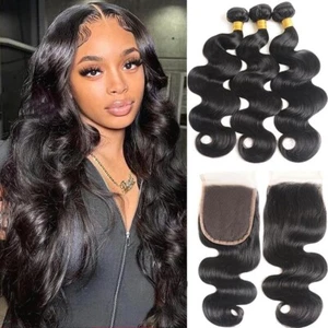Body Wave Bundles Human Hair with Closure 18 20 22+5x5 Lace Closure 16Inch - Picture 1 of 11