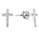 SOLID 14K WHITE GOLD .08C PAVE NATURAL DIAMOND CROSS STUD RELIGIOUS EARRINGS