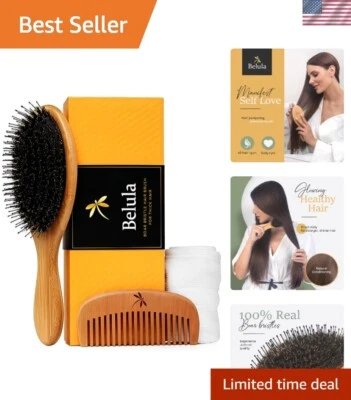 Detangling Boar Bristle Brush with Wooden Comb & Travel Bag - Luxury Hair Care - Image 1 of 4