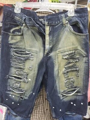 Lion Dynasty Cargo Shorts 38 Distressed Hip Hop Streetwear Blue Denim Jean - Image 1 of 3