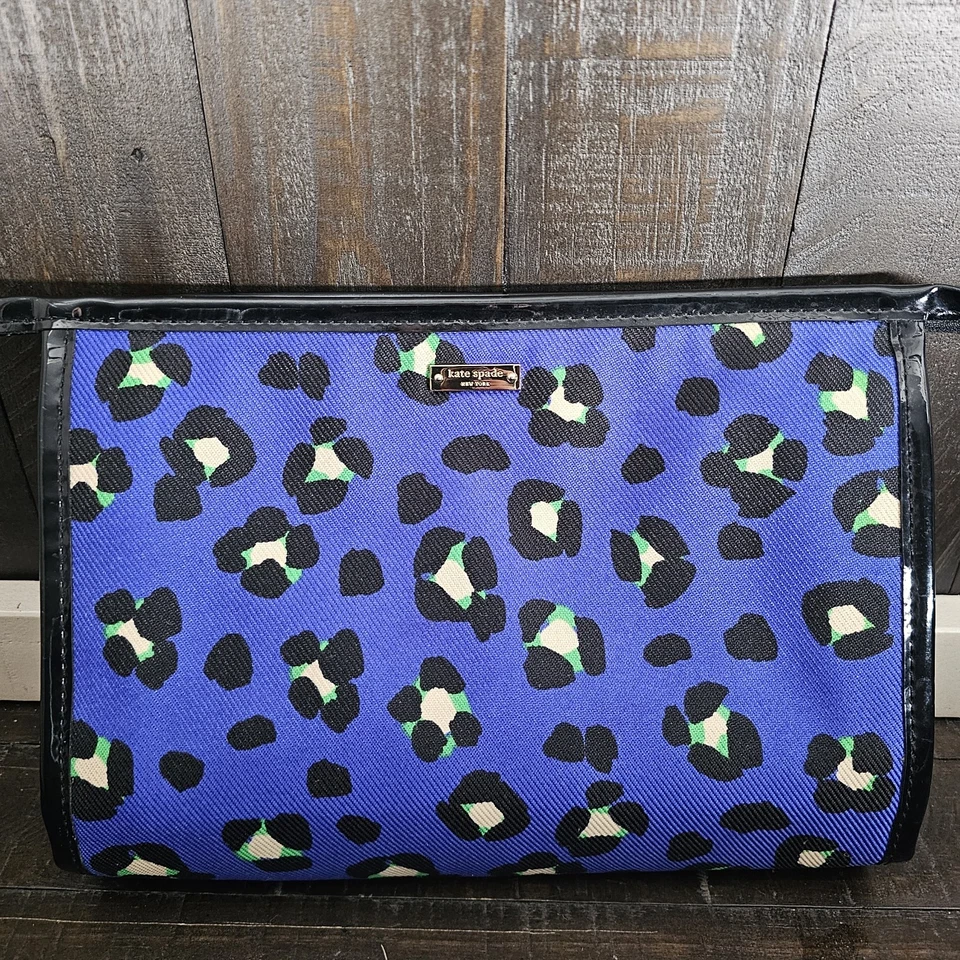 Kate Spade Delgado Universal Azul Emperador Leopardo Cosmético Maquillaje Bolsa Manga Cremallera Foto 1 de 4