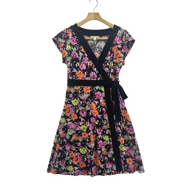 Vestido envolvente para mujer Dana Buchman estampado floral negro rosa naranja verde M Foto 1 de 4