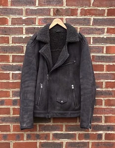 All Saints Mens KARSON Shearling Biker Jacket XL Sheepskin Leather Bomber Suede - Picture 1 of 14