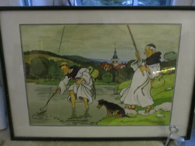 Lithographie HARRY ELIOTT moines pêcheurs 1945 - Photo 1/4