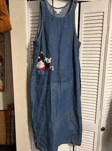 Casey Coleman Vintage 90s Denim Christmas Embroidered Jumper Maxi Dress Size L - Picture 1 of 7