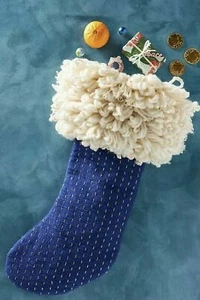 Anthropologie Stocking DEIDRA Blue Christmas GOLD Embroidered 21" Holiday NWT - Picture 1 of 3
