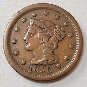 1850 Braided Hair Large Cent Very Fine Detailed Coin - Picture 1 of 2