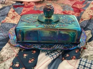 Vintage Butter Dish Indiana Carnival Glass Blue Iridescent Harvest Grape Covered - Picture 1 of 1