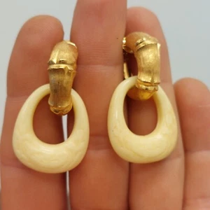 Vintage Dangle Earrings - SHP EXCL - Gold Tone Bamboo Clip On - Picture 1 of 6