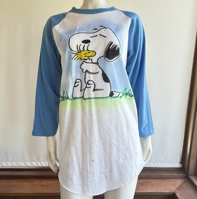 Camiseta Snoopy Vintage Anos 80 Ponto Único Airbrushed Manga 3/4 Campainha Grande - Imagem 1 de 4