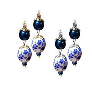 Blue and white Porcelain and Pearl earrings, choose clip on or pierced - Picture 1 of 3