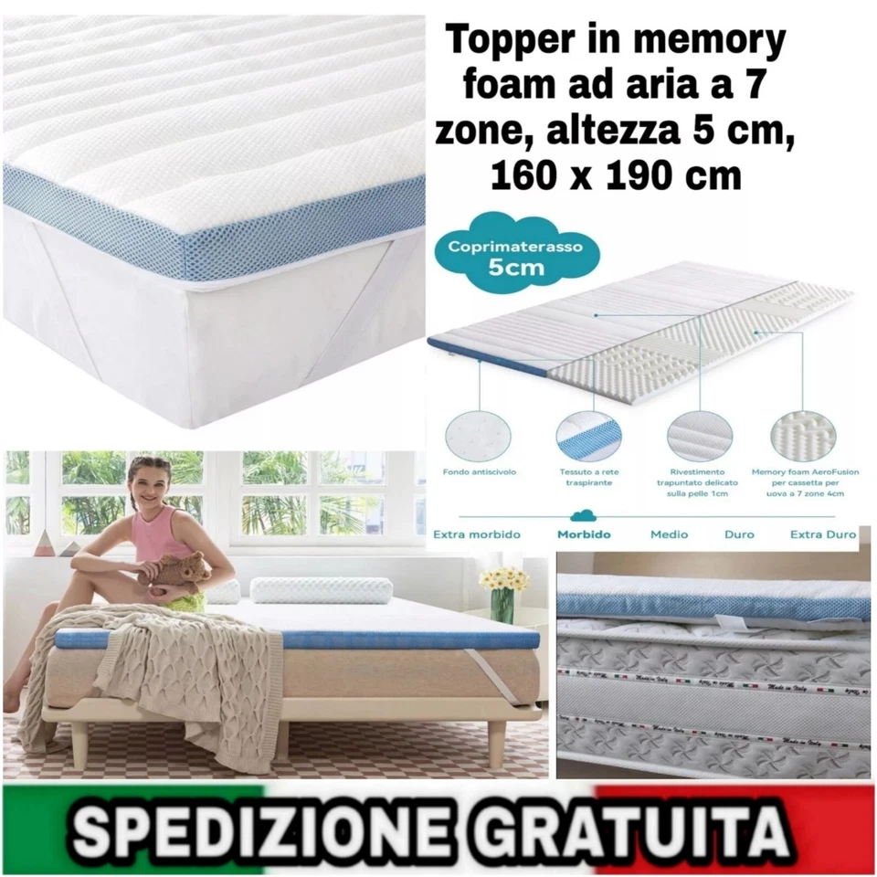 Topper Materasso in memory foam ad aria a 7 zone, altezza 5 cm, 160 x 190 cm - Immagine 1 di 4