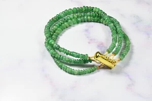 A++ Natural Emerald Smooth Rondelle Gemstone Beaded 3 Layer Women Bracelets 8'' - Picture 1 of 12