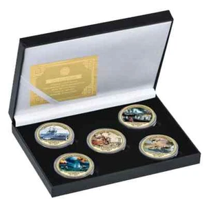 Pearl Harbor Commemorative 24K Gold Plated 5 Coin Set & COA In Case LE 1000 NEW - Picture 1 of 14