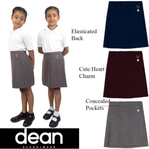 Girls Plain School Skirt Elasticated Pocket Heart Charm Knee Length Kids Uniform - Picture 1 of 9