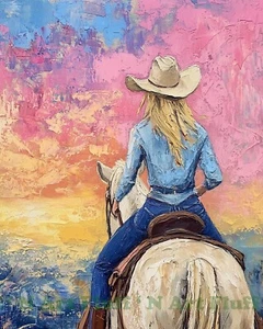 Rainbow Cowgirl Riding Horse Blonde Back AI Digital Print 11x14 Museum Paper T57 - Picture 1 of 5