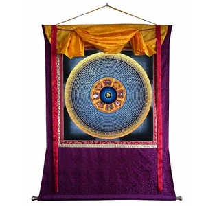 Om Mandala Thangka, Mandala Thangka Montado en Brocado Tamaño Grande, Arco Iris Azul - Imagen 1 de 7