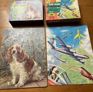 2 Jigsaw Jig Saw Puzzles 63 pcs 1950s or 60s Dog Airplanes Whitman Complete - Picture 1 of 13