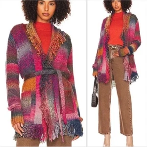 Amanda Uprichard Colorful Knit Cardigan XS Open Front Fringe Belted Multicolor - Picture 1 of 14