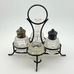 Vintage Mini Condiment Cruer Set Pattern Glass Metal Stand with Handle Antique - Picture 1 of 9