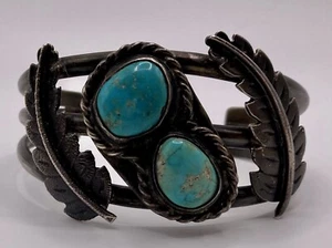 Vintage Silver Turquoise Feather Old Pawn Cuff Bracelet - Picture 1 of 4