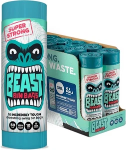 BEAST BIN BAGS, 10 Rolls of 10 x 50 Litre Bags (Total 100 Bags) - Made From 100 - Picture 1 of 7