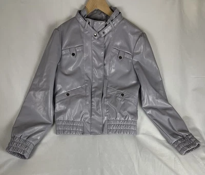 Jaqueta de couro vegana marca batom perivinkle cinza feminina L rocker motociclista zíper - Imagem 1 de 4