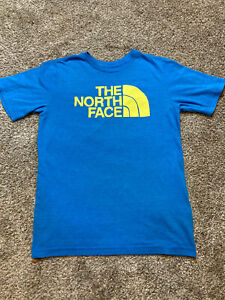 The North Face Shirt Boys Large 14/16 Blue Yellow Graphic Logo Spellout SS Crew