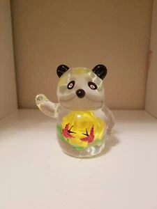 Panda Art Glass Sitting Paperweight Figurine W/ Flower and Butterflies  - Picture 1 of 2