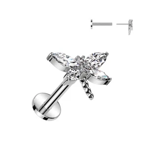 Cartilage helix tragus stud flat back ear bar CZ Dragonfly Threadless Push In - Picture 1 of 2