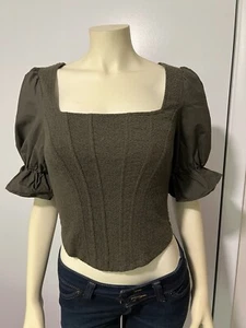 Anthropologie Sunday in Brooklyn Tie-Back Corset-look Top S Petite Olive - Picture 1 of 5