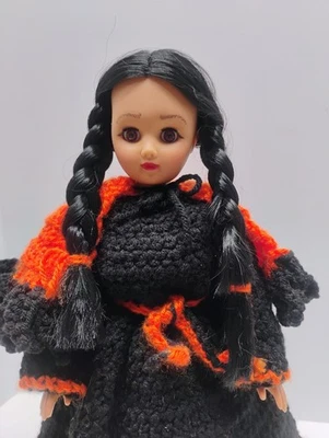 14" Handmade Crocheted Black Orange Halloween Doll + Stand Blinking Brown Eyes - Image 1 of 4