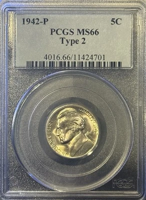 1942-P Type 2 Silver Alloy Jefferson War Nickel 5c Coin PCGS Certified MS66 - Image 1 of 2