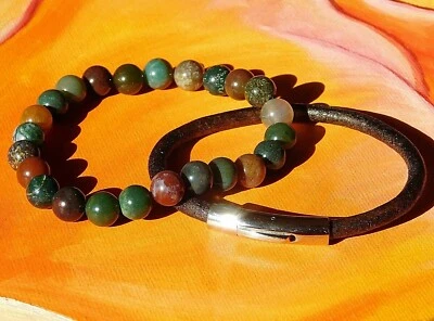 Herren / Damen 8mm Edelstein Perlen Armband Set - Indisch Achat & Leder - Bild 1 von 3