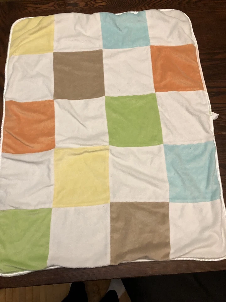 Cobertor de bebê Just Born Minky Dot quadrado laranja amarelo azul verde Sherpa tem desgaste - Imagem 1 de 3