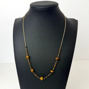 Tigers Eye Beaded 10k Yellow Gold 18” Vintage Chain Necklace 7.4g Natural Dainty - Picture 1 of 8