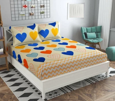 Elastic Fitted Glace Cotton Queen Size Bedsheet with 2 Pillow Covers(MultiColor) - Image 1 of 3