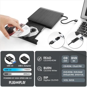 ROOFULL External CD/DVD Drive, USB 3.0, Read/Write, Mac/PC. Hardly Used, w/ Case - Afbeelding 1 van 10