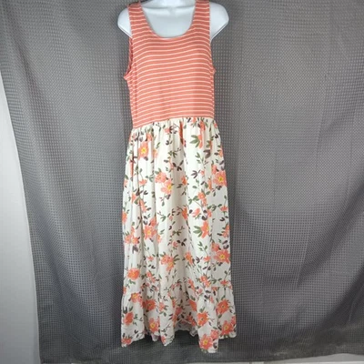 Matilda Jane Floral Maxi Dress Coral Stripe Ruffle Hem Women's Size Large Boho - Image 1 of 4