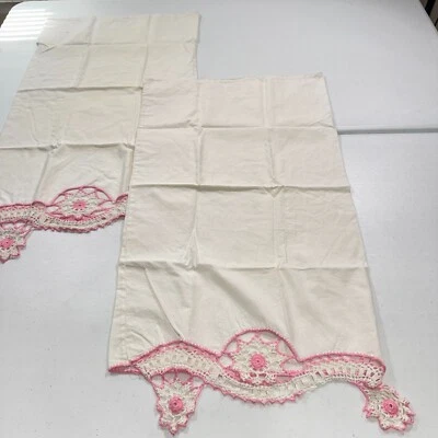 Par de fundas de almohada vintage rosa algodón borde ganchillo primitivo rústico país francés Foto 1 de 4