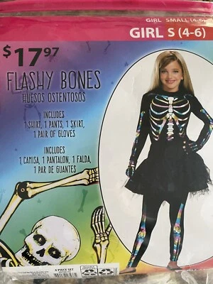 NUEVO Niñas FLASHY BONES Arco Iris Esqueleto Disfraz Talla Pequeña (4-6) Leggings Guantes Foto 1 de 3