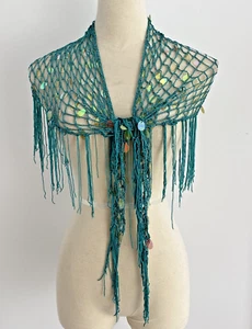 Shawl Wrap Scarf Triangle Crochet Boho Embellished Fringe Green Belly Dancing - Picture 1 of 13
