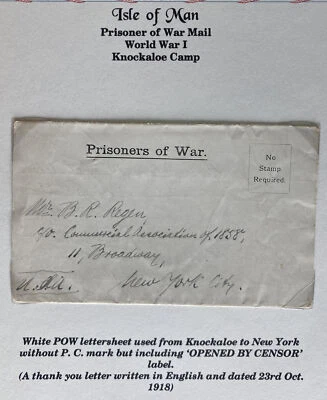 1918 Остров Мэн Англия Военнопленные ВОЕННОПЛЕННЫЕ НОКАЛОЭ Лагерь Обложка В Нью-Йорк США - Изображение 1 из 4