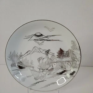 Kutani Vintage China Saucer Plates Mt Fuji Boat Water Scene Platinum - Picture 1 of 3