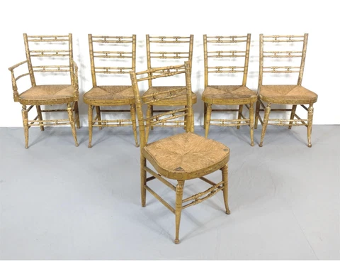RARE 1810 sheraton period matching 6 chairs fancy paint rush seat set org paint Cover